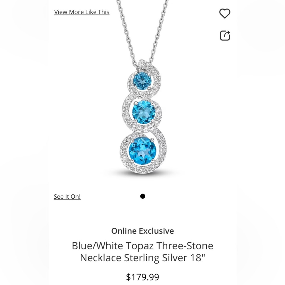 Blue/White Topaz Three-Stone Necklace Sterling Silver Kay Jewelers Like New